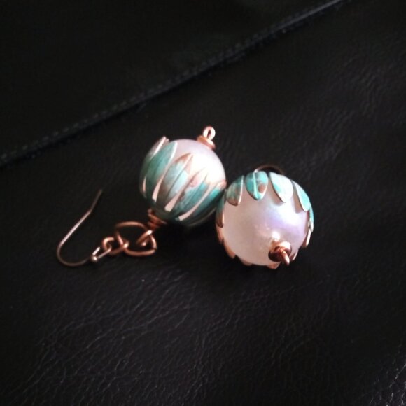 Bold Beauties! Patina Painted Copper & Lightweight Floral Blossom Globe Earrings - Picture 9 of 11